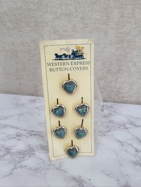 Vintage Western Express Silver Toned Heart Faux Turquoise Button Covers 6 Pieces
